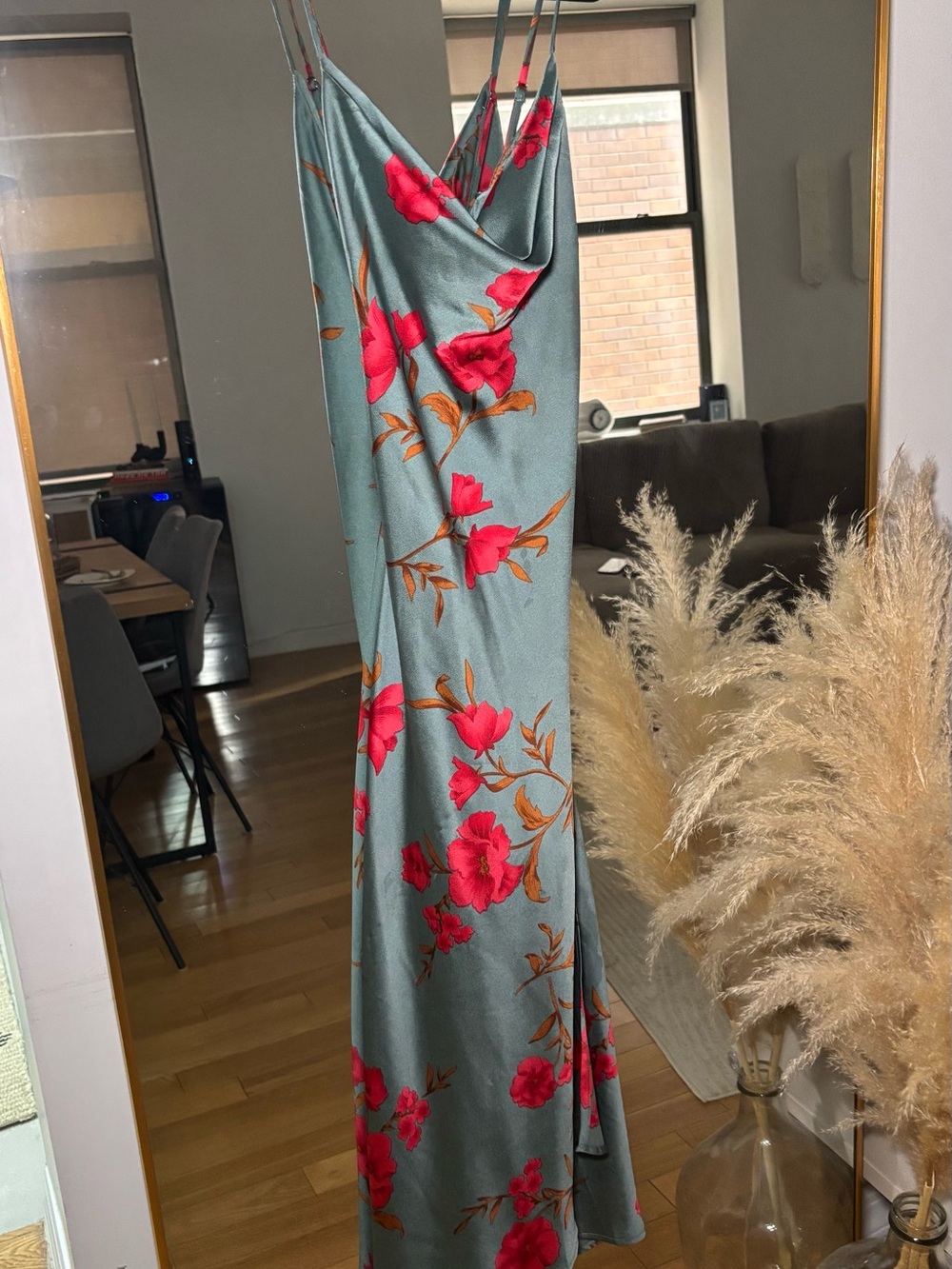 Astr Slate Blue Slip Dress with Hot Pink Floral Print